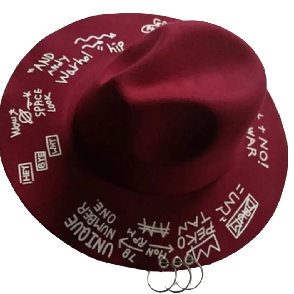 Burgundy Fedora Graffiti Wide Brim Silver O-Rings Fedora Hat NEW